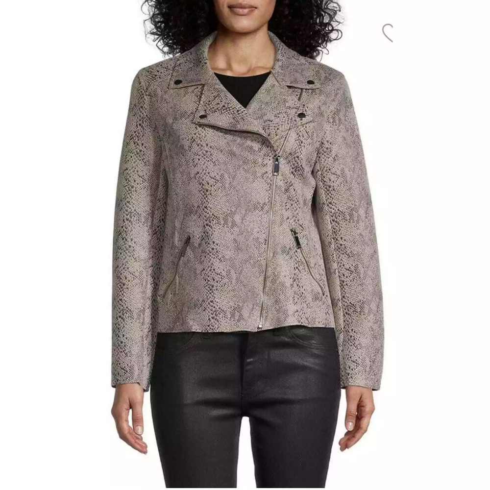Catherine Malandrino Moto Faux Leather Snakeskin Print Motorcycle Jacket Sz M